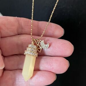 N324 Gold-Tone Yellow Crystal Point Pendant Necklace with Moon Charm